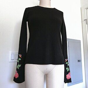 Floral‑Embroidered Flare‑Cuff Knit Sweater